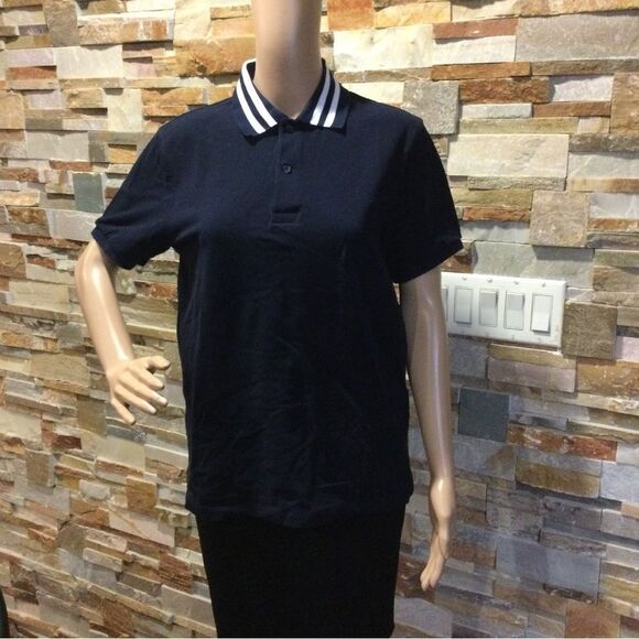 SANDRO Navy Polo Shirt with White Striped Collar - Picture 1 of 11